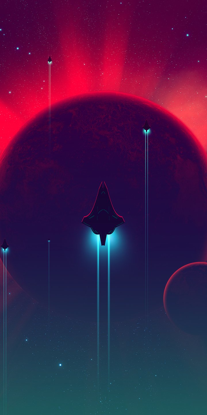 Sci-fi phone wallpaper showing a spaceship ascending against a glowing red planet in deep space, designed for iPhone and Android screens.