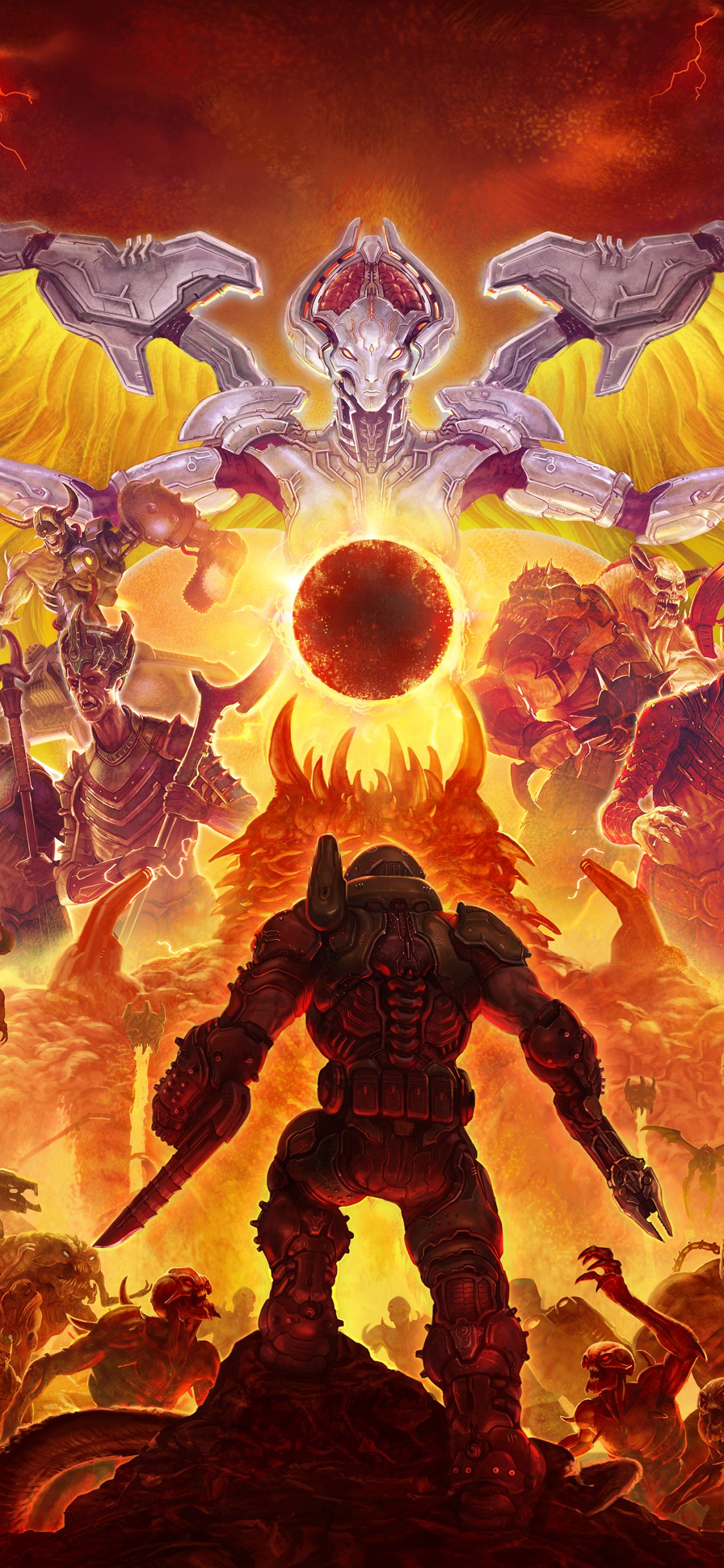 DOOM Eternal video game phone wallpaper: the Doom Slayer stands in silhouette facing a towering demonic horde and a glowing burning orb over a blazing hellscape.