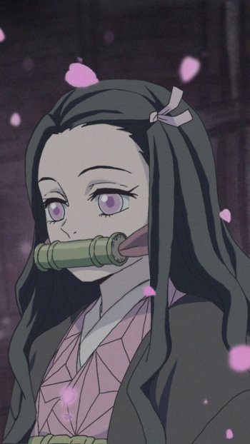 Phone wallpaper featuring Nezuko Kamado from Demon Slayer: Kimetsu no Yaiba — anime portrait with pink eyes, bamboo muzzle, dark background and drifting cherry blossom petals.