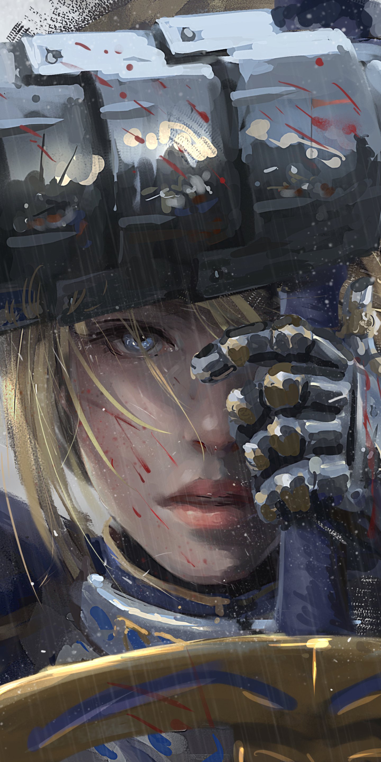 Phone wallpaper: close-up anime portrait of Saber from Fate/Stay Night (Fate series), blonde in battle-worn armor, blue eyes beneath a raised visor, hand on sword hilt, rain and blood splatters.