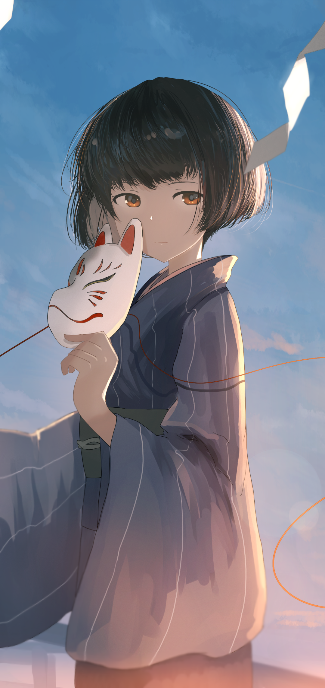 Original anime phone wallpaper: a short-haired girl in a kimono holds a fox mask to her face, backlit by a soft twilight sky.