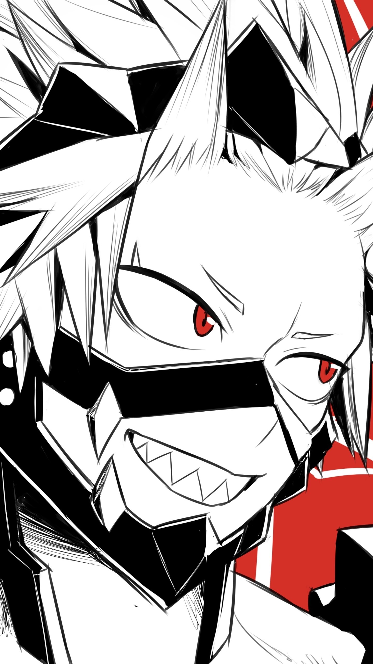 Phone wallpaper of Eijiro Kirishima (My Hero Academia): black, white and red close-up showing spiky hair, red eyes, toothy grin and angular mask.