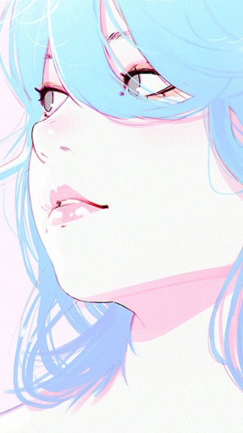 Anime original phone wallpaper: close-up of a pale face with short blue hair, soft pink blush, glossy lips, and a serene upward gaze.