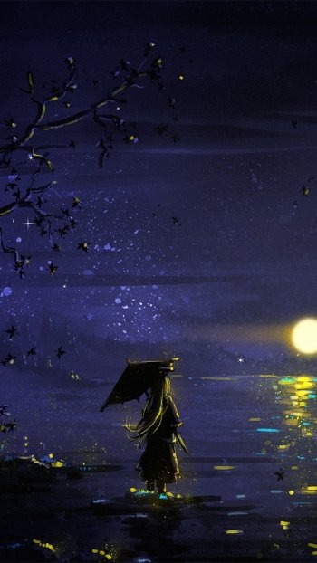 long hair umbrella night oriental fantasy woman Phone Wallpaper