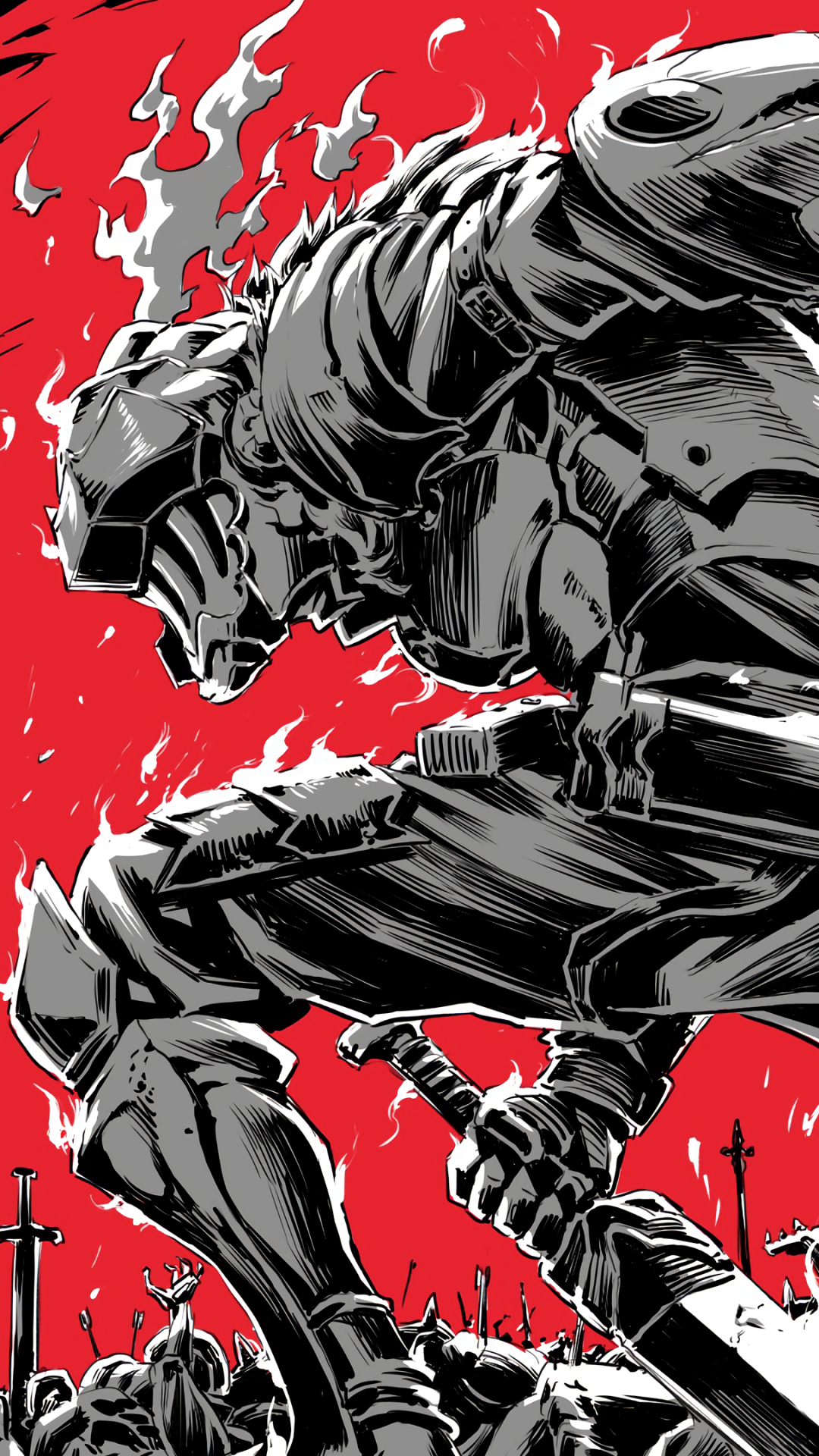 Phone wallpaper of Goblin Slayer in scarred armor, crouching with a drawn sword amid fallen foes against a blood-red, flame-streaked anime backdrop.