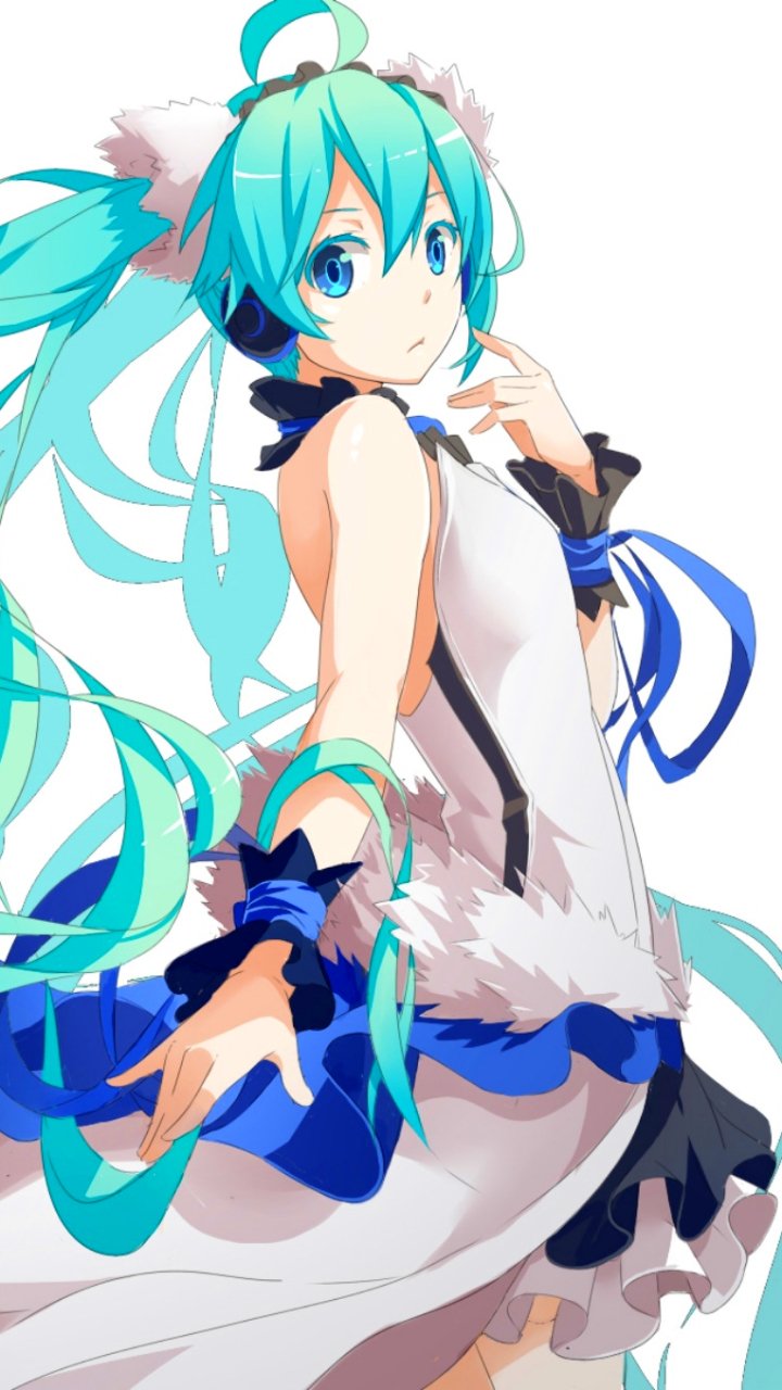 Hatsune Miku anime phone wallpaper: close-up of her face, long blue/aqua twin tails, aqua eyes, and flowing white-and-blue outfit — Vocaloid portrait.