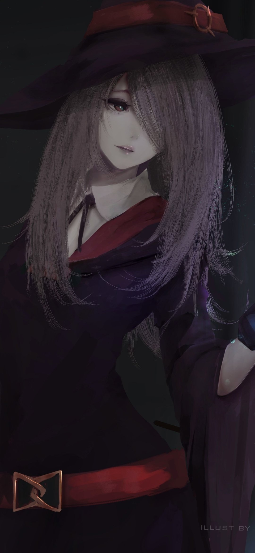 Phone wallpaper of Sucy Manbavaran from Little Witch Academia: anime portrait with long silvery hair, witch hat and dark robe in moody lighting.
