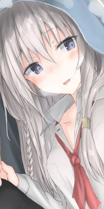 Phone wallpaper of Elaina from Wandering Witch: The Journey of Elaina — close-up anime portrait with silver braided hair, blue eyes, soft smile, white blouse and red necktie.