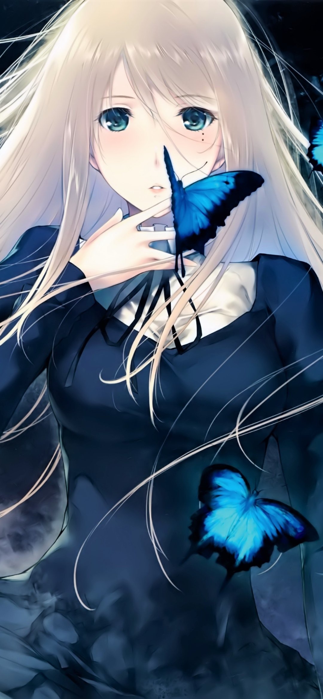 Phone wallpaper of an anime girl with long pale hair and teal eyes, dressed in dark clothes, surrounded by glowing blue butterflies.