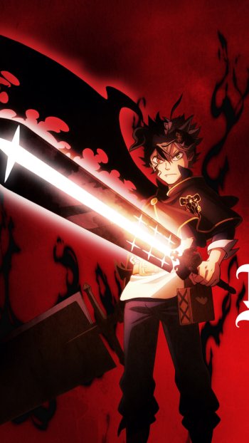 Phone wallpaper of Asta (Black Clover): a determined Asta in a dark cloak wielding a glowing anti-magic sword against a red-black background with a shadowy, fiery aura.