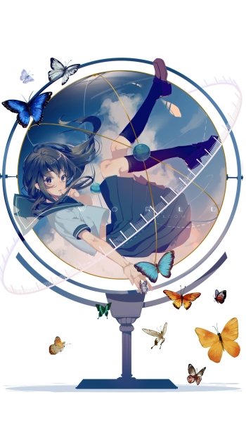 school uniform globe butterfly black hair long hair Anime Original Phone Wallpaper