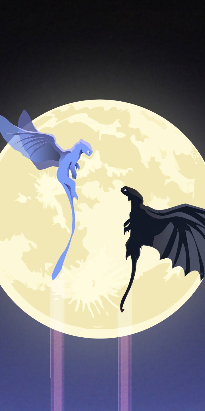 Phone wallpaper featuring Toothless and a light blue dragon flying against a large full moon, inspired by How to Train Your Dragon: The Hidden World.