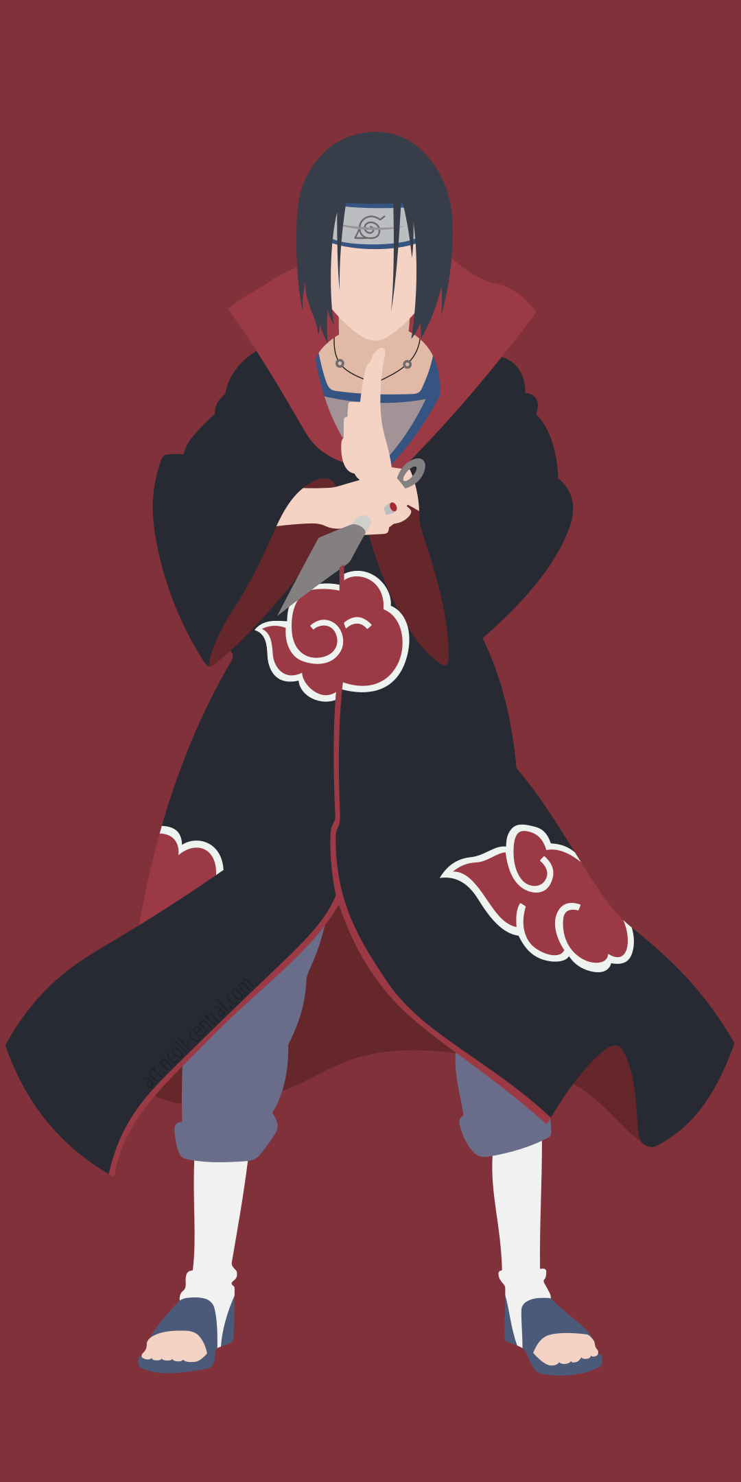 Phone wallpaper of Itachi Uchiha (Naruto) in his Akatsuki cloak, standing with hands crossed against a solid maroon background.