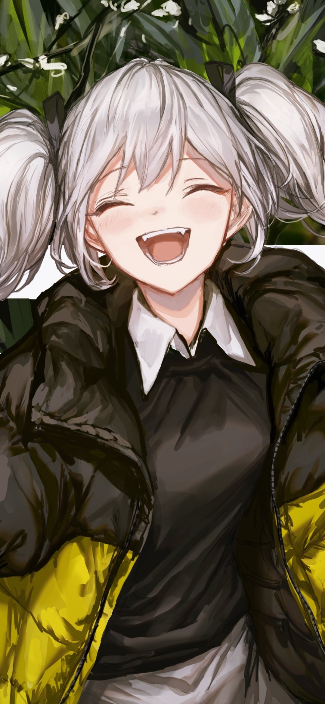 Phone wallpaper of an original anime character with grey hair in twin tails, laughing with eyes closed, wearing a black top and yellow puffer jacket against a leafy background.