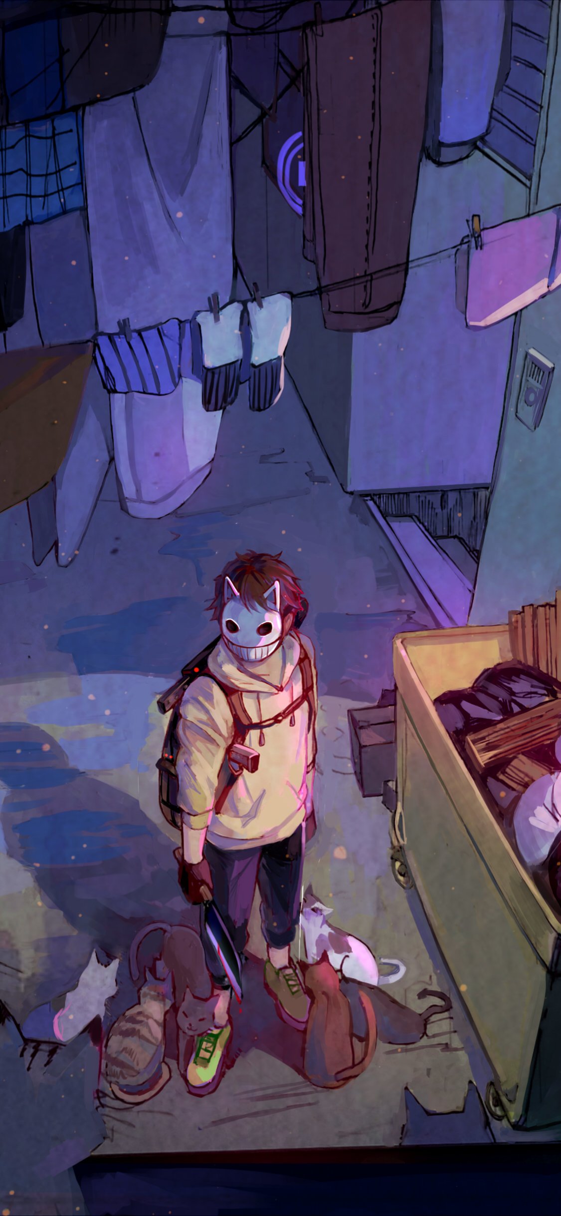 Anime-style phone wallpaper of a short-haired figure wearing a cat mask, holding a gun, surrounded by cats in a dimly lit urban alley.