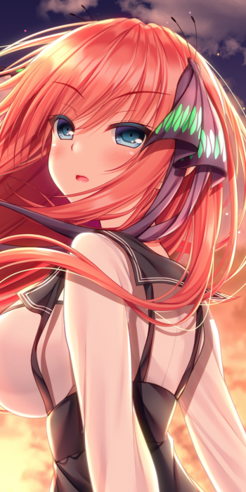 Phone wallpaper of Nino Nakano from The Quintessential Quintuplets: close-up of her red hair and blue eyes against a sunset sky, wearing a school uniform with wind-swept strands and soft lighting.