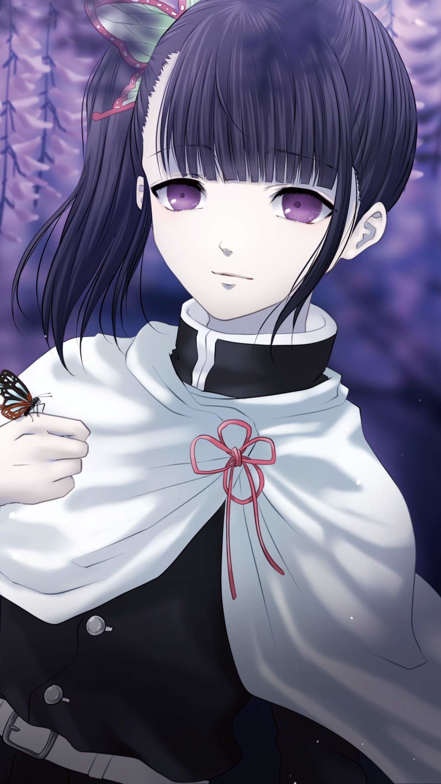 Phone wallpaper of Kanao Tsuyuri from Demon Slayer: Kimetsu no Yaiba — anime portrait with dark hair, violet eyes, white cape and wisteria background.