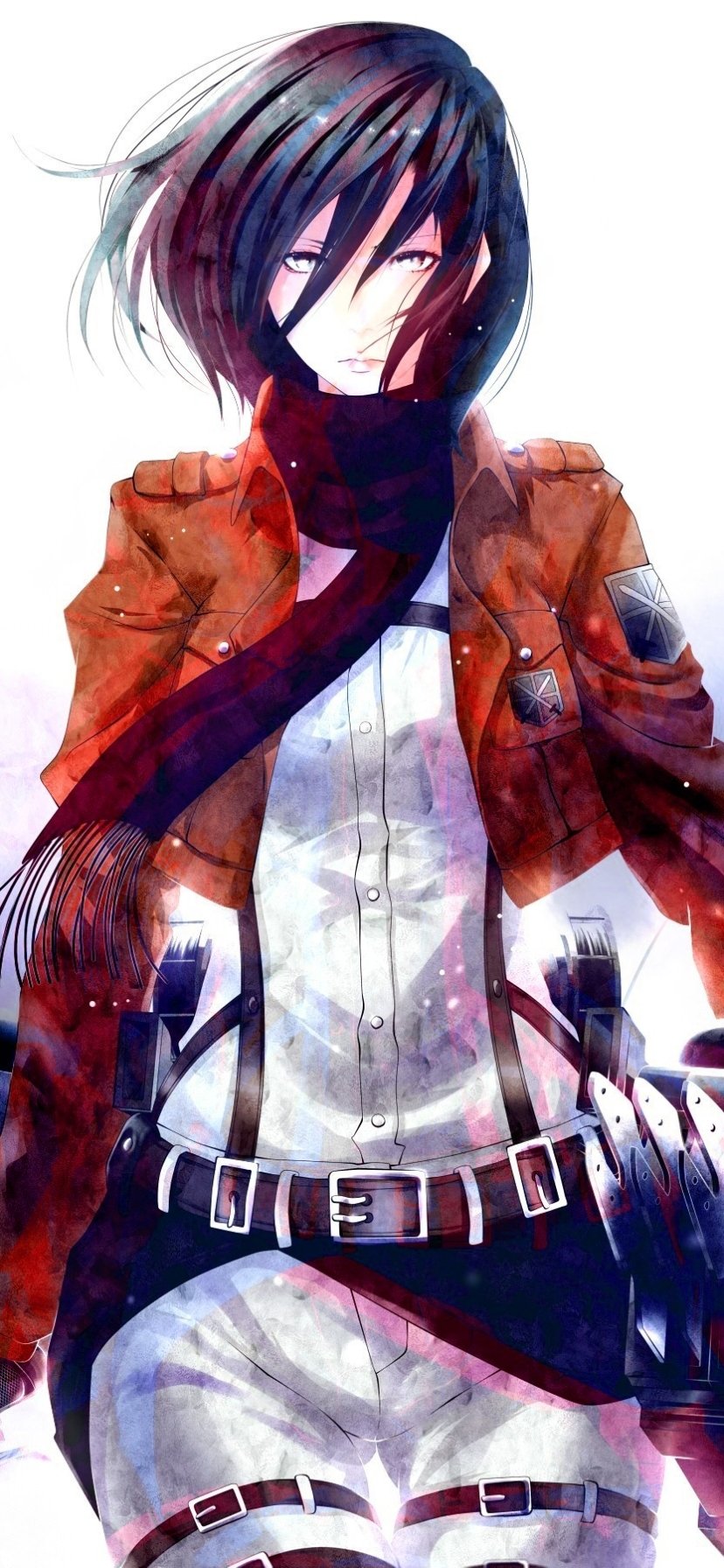 Phone wallpaper featuring Mikasa Ackerman from Attack on Titan in anime style, showcasing her iconic Survey Corps uniform and red scarf. Compatible with iPhones and Android devices.