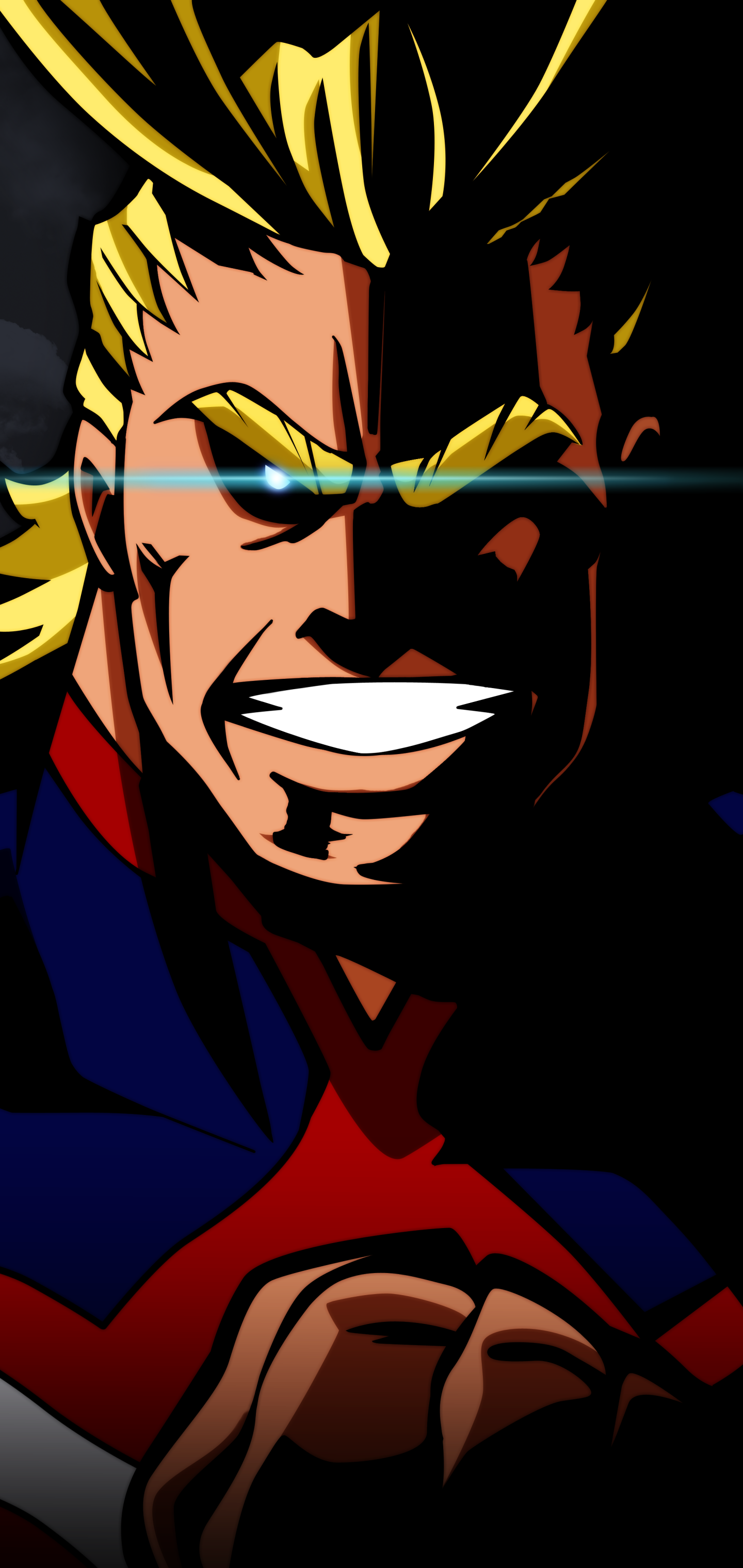 All Might (My Hero Academia) phone wallpaper — anime close-up of him grinning, clenched fist, bold shadows and a blue lens flare across his eyes.