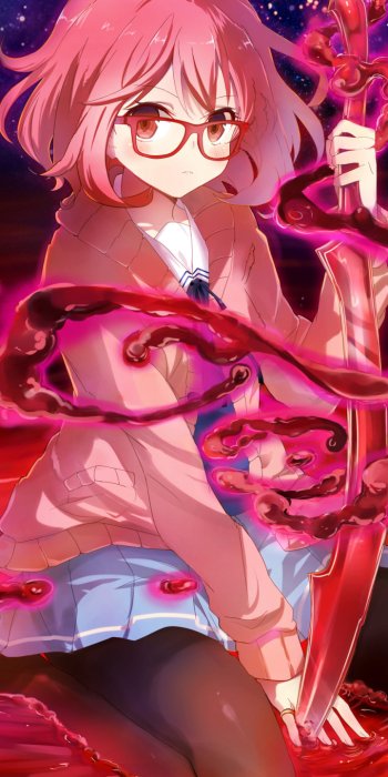 Phone wallpaper of Mirai Kuriyama from the anime Beyond the Boundary: pink-haired, bespectacled schoolgirl wielding a red sword as crimson spirit tendrils swirl.