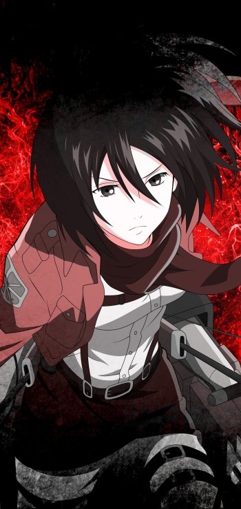Phone wallpaper of Mikasa Ackerman (Attack on Titan): poised in Survey Corps uniform and red scarf, brandishing ODM gear against a fiery red-black background. Vertical for iPhone and Android.