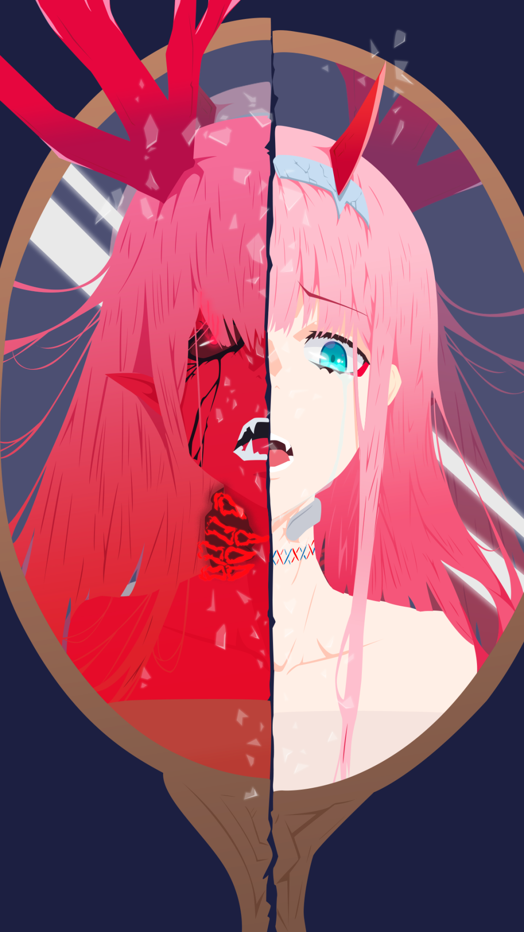 Phone wallpaper featuring Zero Two from Darling in the FranXX, split face showing her human and demon sides with vibrant anime-style design, compatible with iPhones and Android phones.