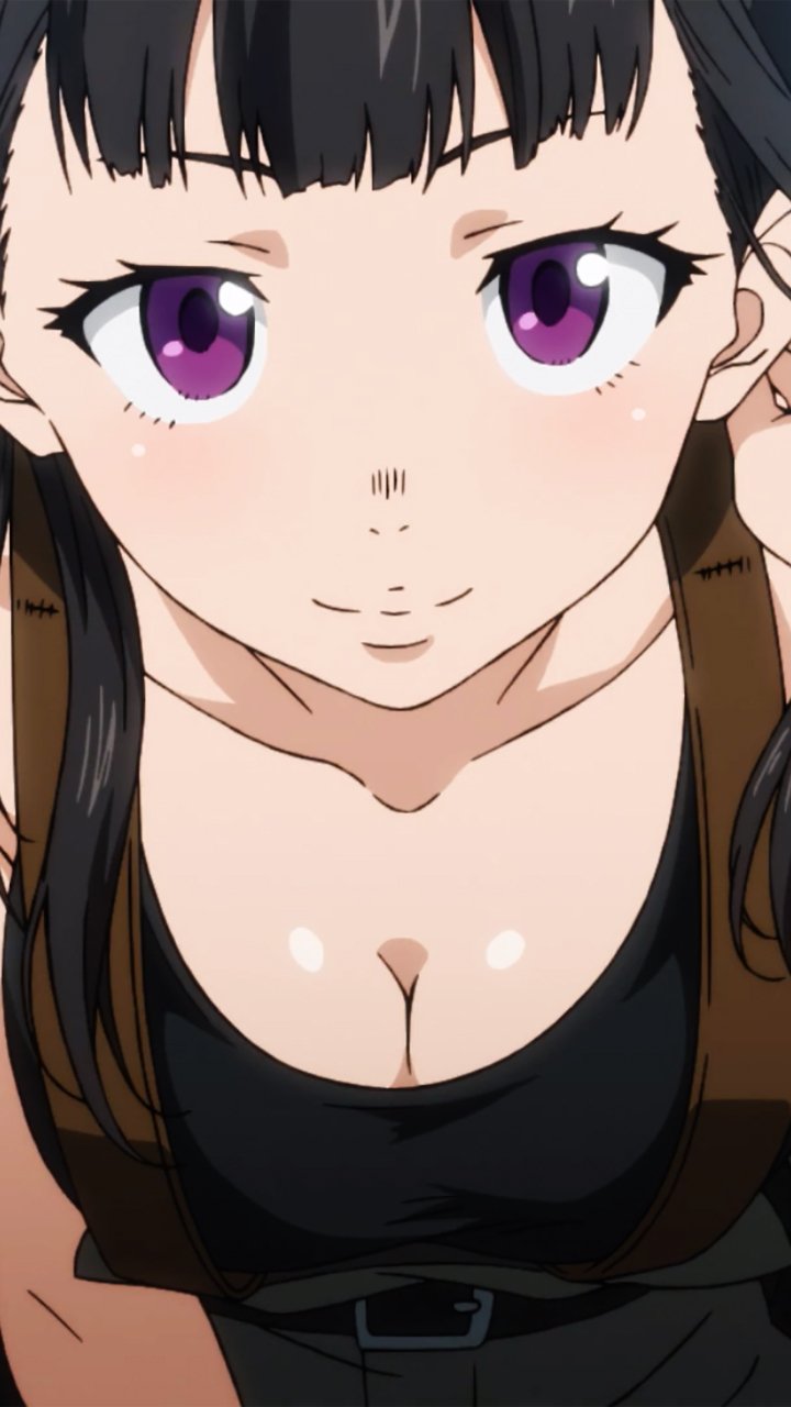 Phone wallpaper of Maki Oze from the anime Fire Force — close-up looking up, purple eyes, dark hair, warm smile, wearing a black tank top with jacket straps.