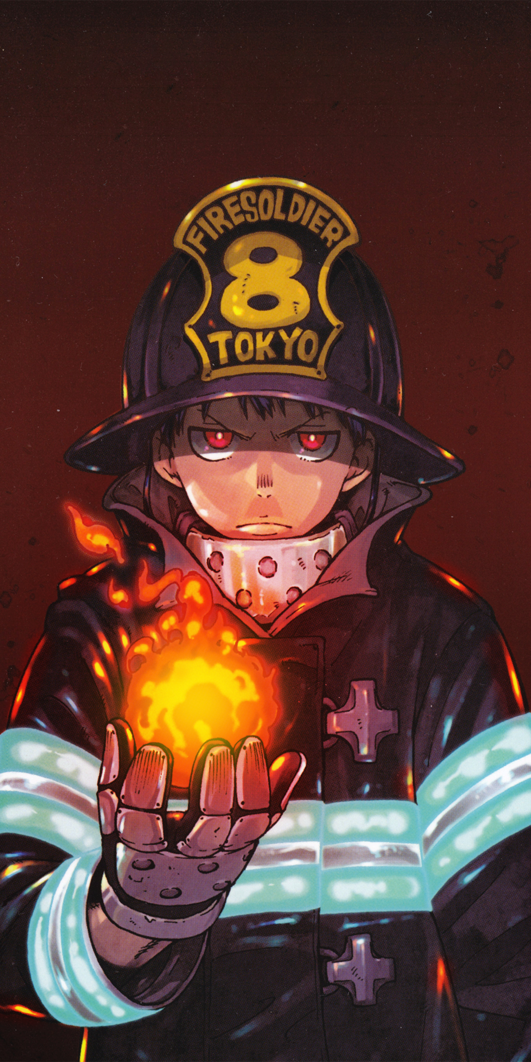 Fire Force anime phone wallpaper: Company 8 firefighter in helmet, red eyes, holding a glowing flame, reflective uniform stripes against a dark red background.