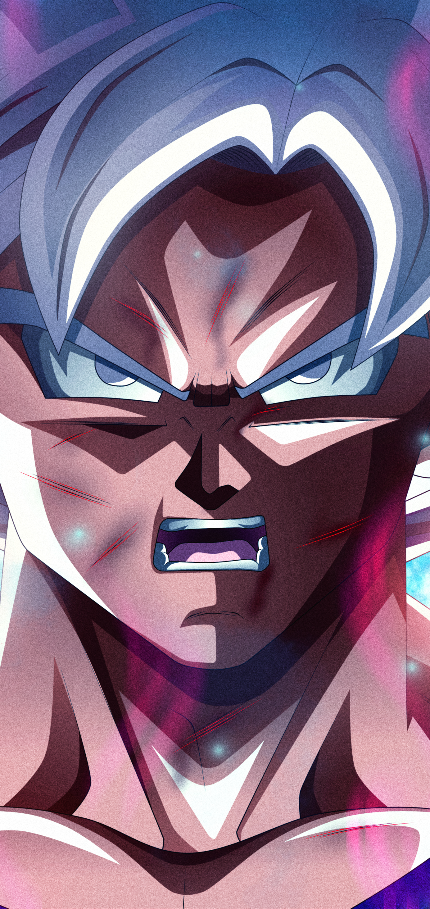 Phone wallpaper: close-up of Goku (Dragon Ball Super) in Ultra Instinct — fierce glare, silver hair, glowing eyes and purple-blue energy flares across his intense expression.