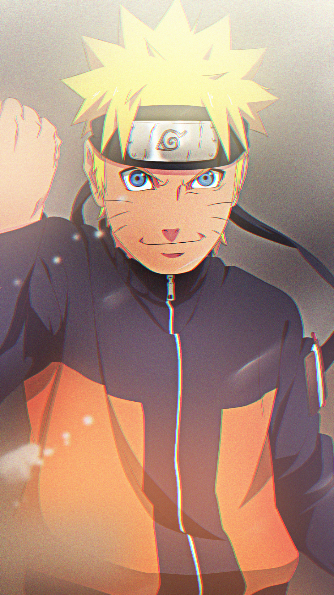 Phone wallpaper of Naruto Uzumaki from Naruto — anime portrait with determined expression, headband, whisker marks, orange jacket, fist raised and warm glowing lighting.