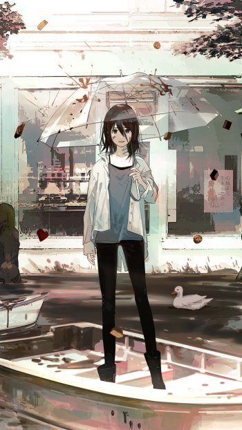 brown eyes brown hair short hair boat umbrella Anime people Phone Wallpaper