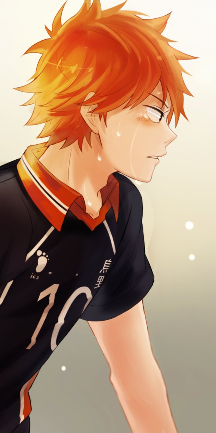 Phone wallpaper: Haikyū!! anime — Hinata Shōyō in his Karasuno #10 jersey, side profile with bright orange hair, determined expression and sweat on his face.