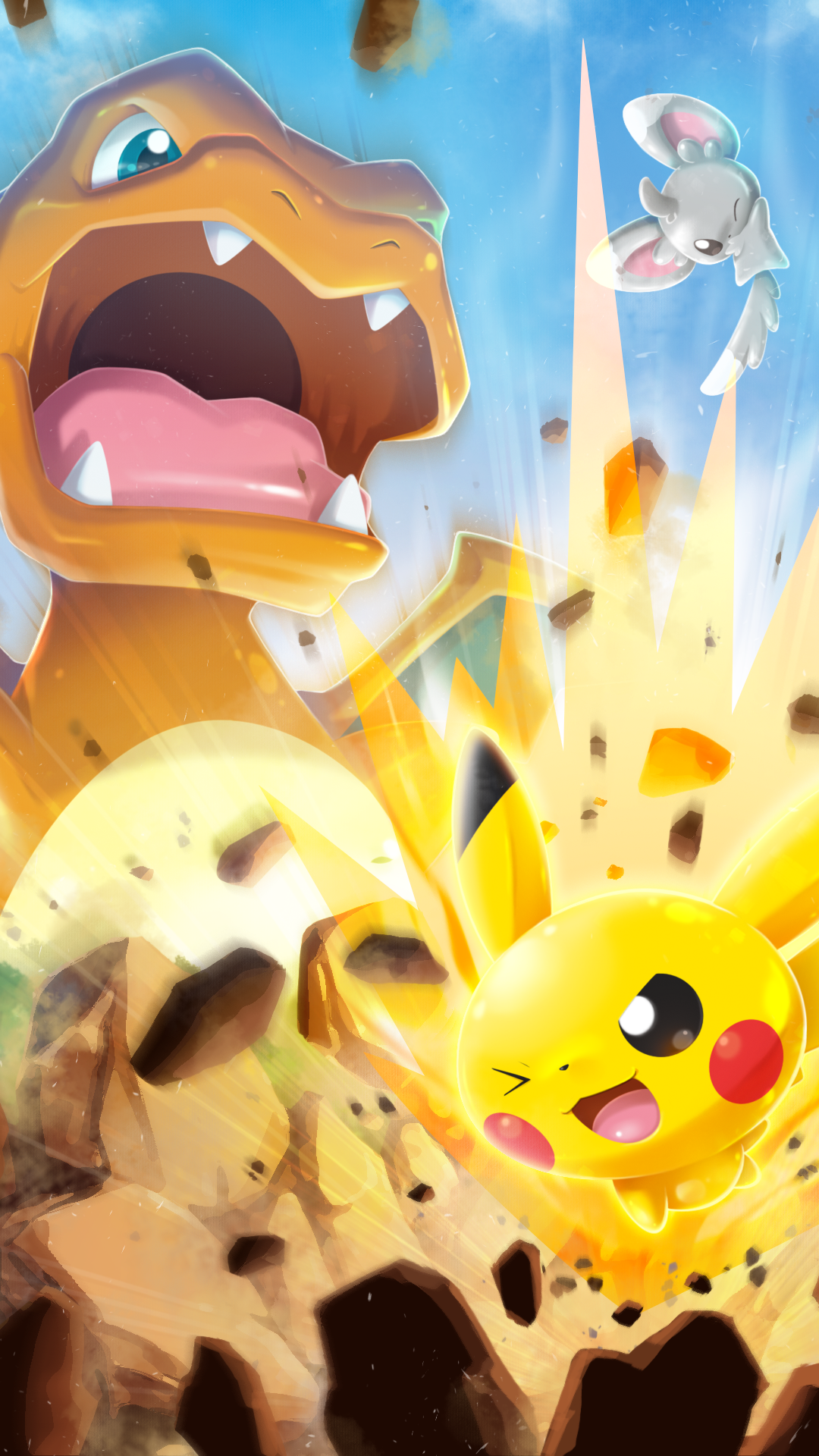 Phone wallpaper from the Pokémon Rumble Rush video game: Pikachu bursts through an explosion as Charizard roars behind and a small Pokémon leaps overhead.