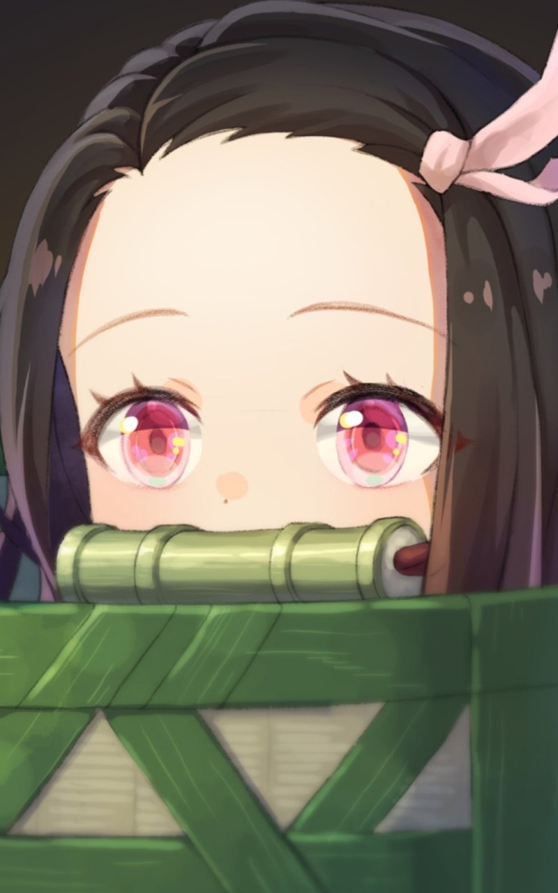 Phone wallpaper of Nezuko Kamado from Demon Slayer: Kimetsu no Yaiba — pink-eyed anime portrait peeking over her bamboo muzzle, ribbon in her hair against a dark background.