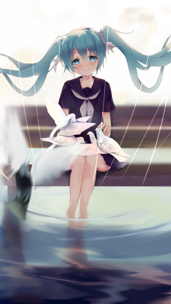 Phone wallpaper: Hatsune Miku — Anime Vocaloid — teal twin‑tails in a dark sailor outfit, sitting with feet in water, gently cradling white doves beneath soft, glowing light.