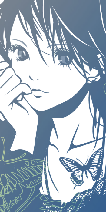 Phone wallpaper of a blue-toned anime girl gazing thoughtfully, hand near her face, with butterflies fluttering around her shoulder and the background.