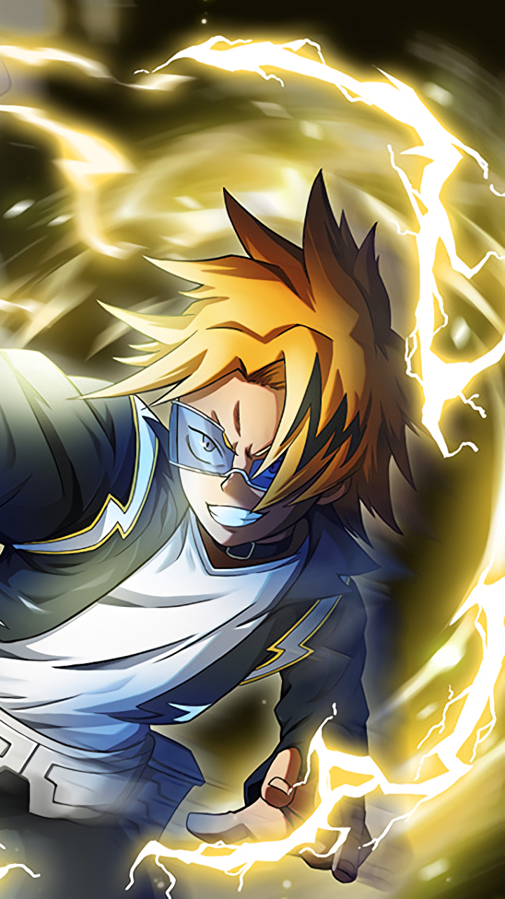 Vertical phone wallpaper of Denki Kaminari (My Hero Academia), anime-style, mid-action with bright yellow lightning swirling around him; formatted for iPhone and Android screens.