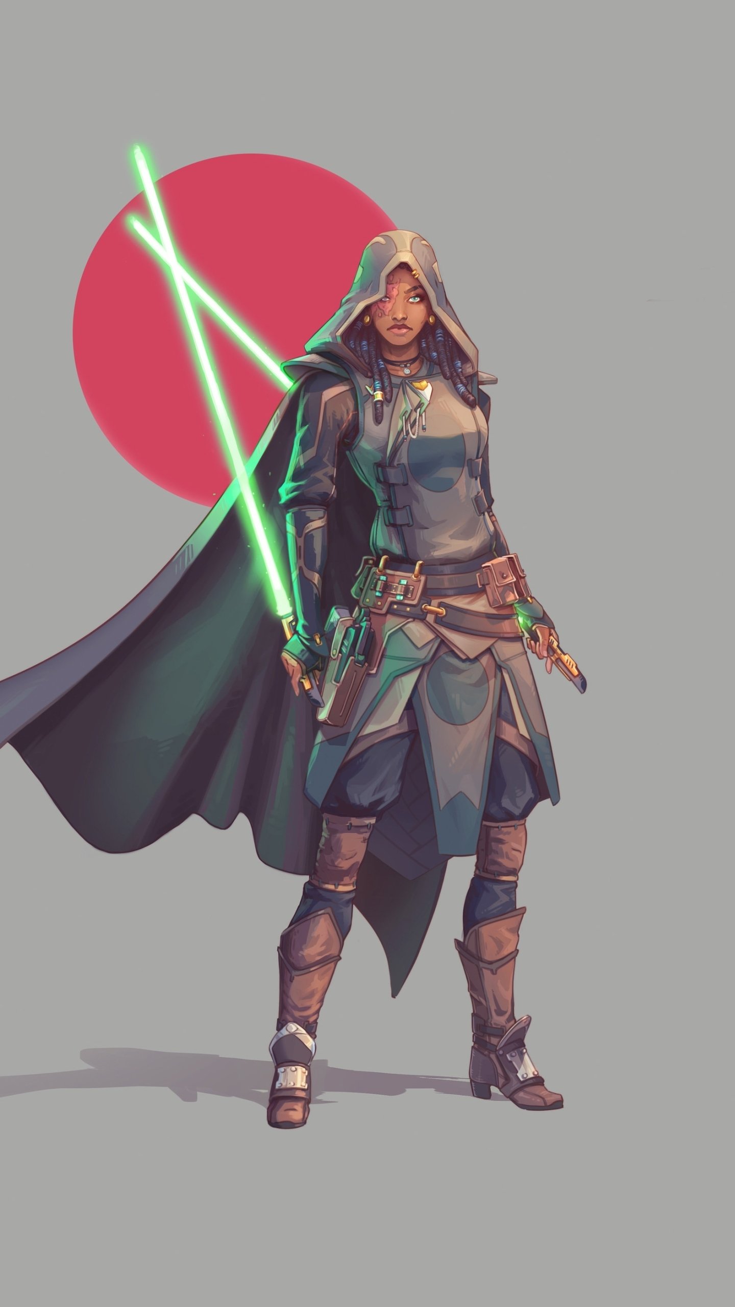 Phone wallpaper: hooded Jedi in Star Wars Sci‑Fi style, wielding dual green lightsabers before a red sun backdrop.