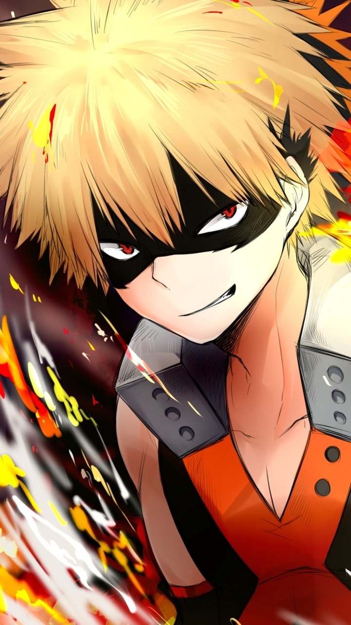 Katsuki Bakugou (My Hero Academia) phone wallpaper: fierce smirk, spiky blond hair, black eye mask and orange-black hero costume, surrounded by sparks and explosive flames.