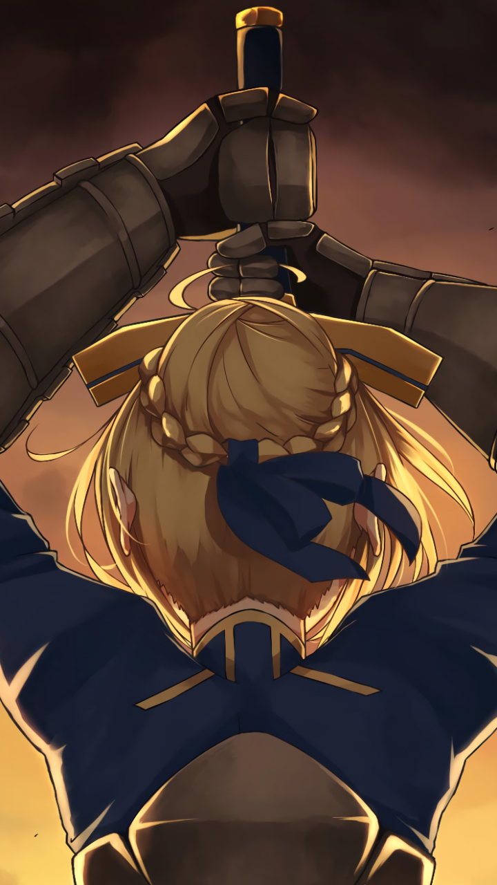 Phone wallpaper of Saber (Fate/Stay Night) from the Fate series — anime rear view of armored Saber with braided blonde hair and blue ribbon, both hands gripping a raised sword against a stormy sky.