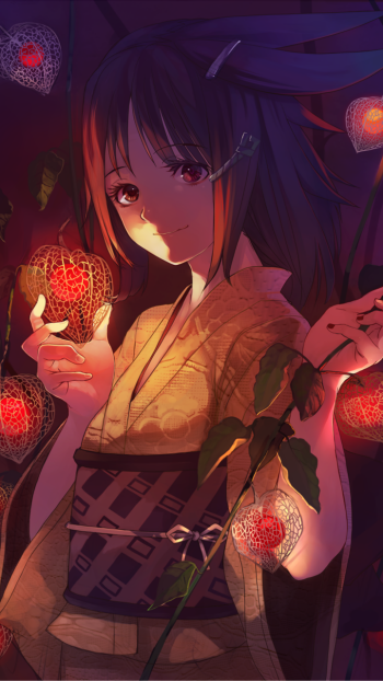 night brown hair yukata fruit red eyes Anime Original anime night Phone Wallpaper