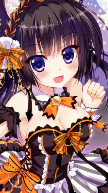 black hair blush blue eyes bow (Clothing) smile Anime Original Phone Wallpaper