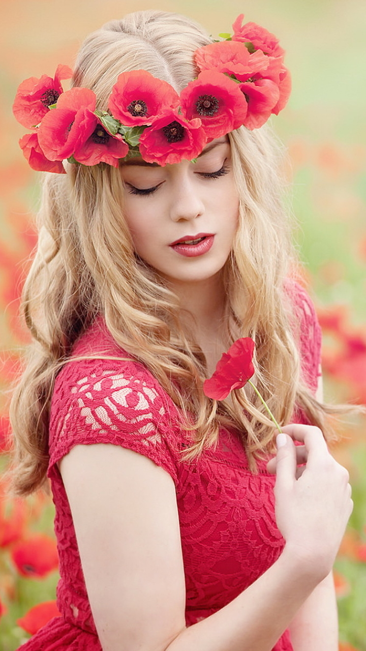 Download Red Flower Red Dress Wreath Outdoor Blonde Model Woman Mood ...