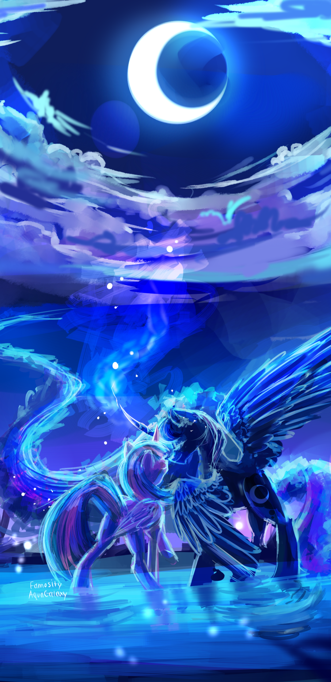 Phone wallpaper of Twilight Sparkle and Princess Luna from the TV show My Little Pony: Friendship Is Magic, embracing beneath a glowing crescent moon in a dreamy blue nightscape.