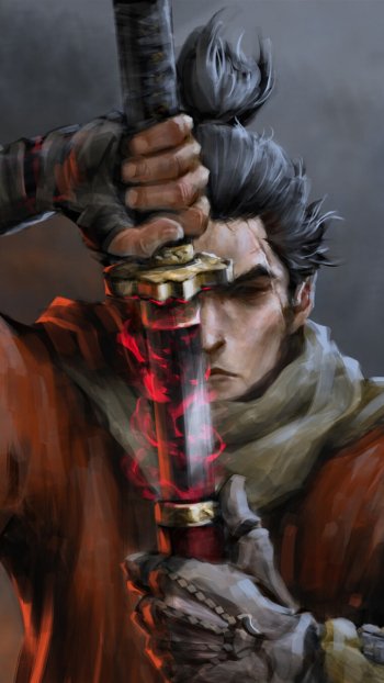 Phone wallpaper featuring a close-up of Sekiro from Sekiro: Shadows Die Twice, gripping his katana with a fiery red glow, designed for iPhone and Android screens.