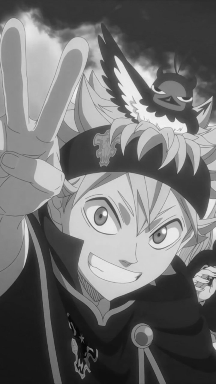 Black Clover anime phone wallpaper for iPhone and Android: Asta grinning and flashing a peace sign, wearing his headband and cloak against a dramatic cloudy sky.