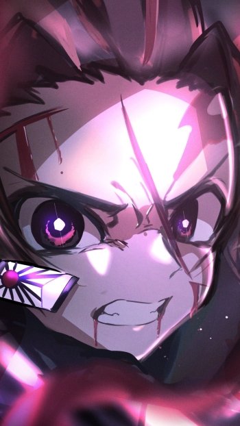 Anime phone wallpaper: close-up of Tanjiro Kamado from Demon Slayer: Kimetsu no Yaiba — fierce glare, blood streaks, glowing purple eye and dramatic pink lighting.