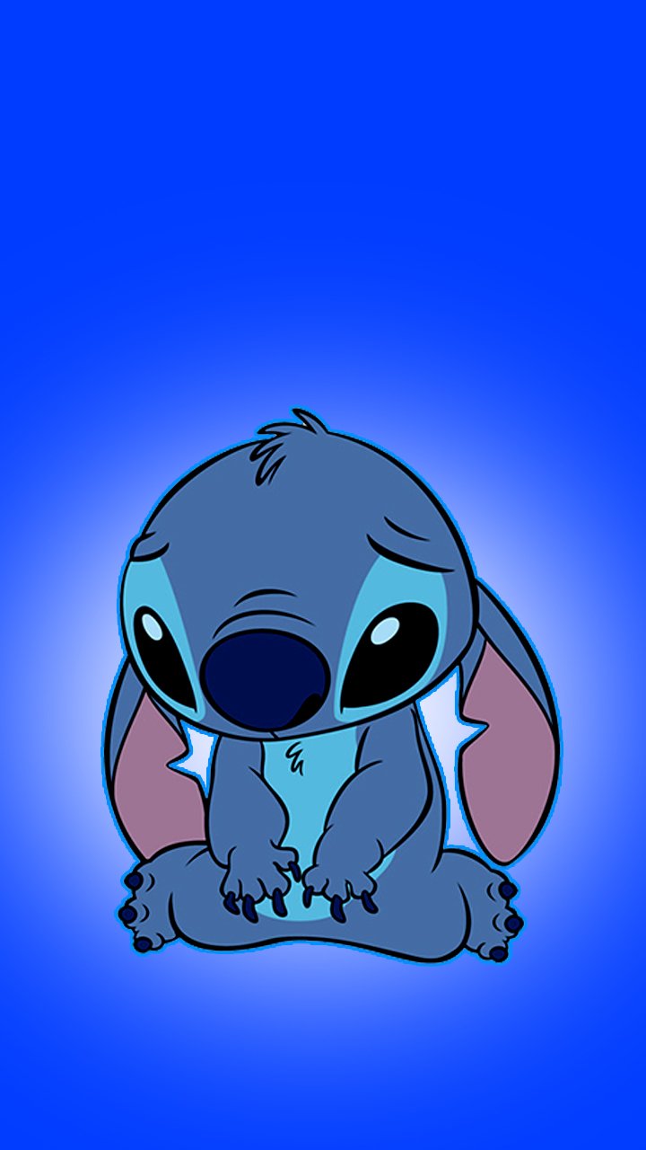 Phone wallpaper featuring Stitch from the movie Lilo & Stitch on a blue gradient background, designed for both iPhone and Android screens.