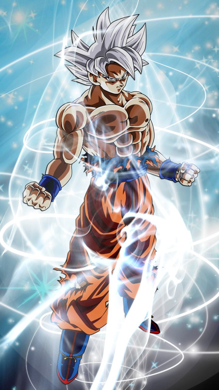 Phone wallpaper of Goku from Dragon Ball Super in Ultra Instinct form, surrounded by glowing energy swirls, designed for both iPhone and Android displays.