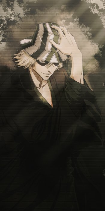 Phone wallpaper featuring Kisuke Urahara from the anime Bleach, set against a moody, shaded background, designed to fit both iPhone and Android screens.